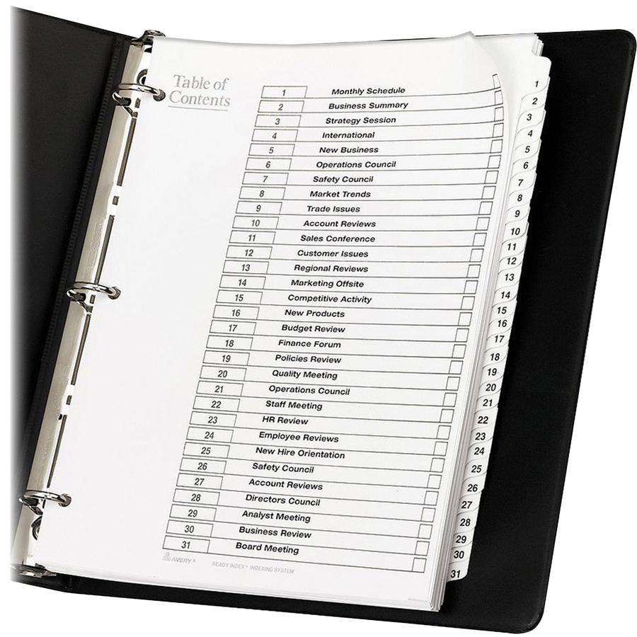Avery&reg; Ready Index Binder Dividers - Customizable Table of Contents - 31 x Divider(s) - Printed Tab(s) - Digit - 1-31 - 31 Tab(s)/Set - 8.5" Divider Width x 11" Divider Length - Letter - 3 Hole Pu. Picture 3