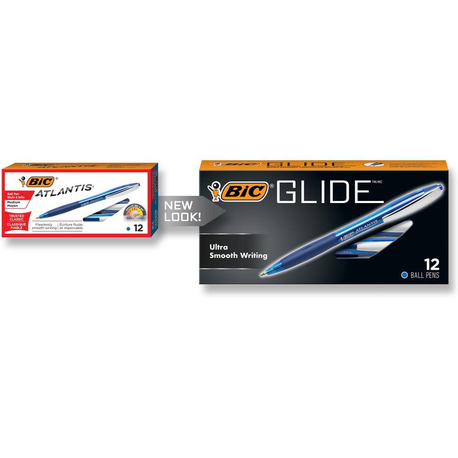 BIC Glide Retractable Pens - Medium Pen Point - 1 mm Pen Point Size - Retractable - Blue - Clear Barrel - 1 Dozen. Picture 5