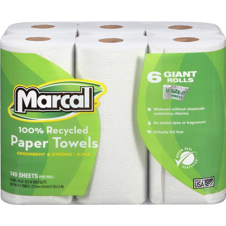 Marcal 100% Recycled, Giant Roll Paper Towels - 2 Ply - 140 Sheets/Roll - White - 6 Per Pack - 4 / Carton. Picture 2