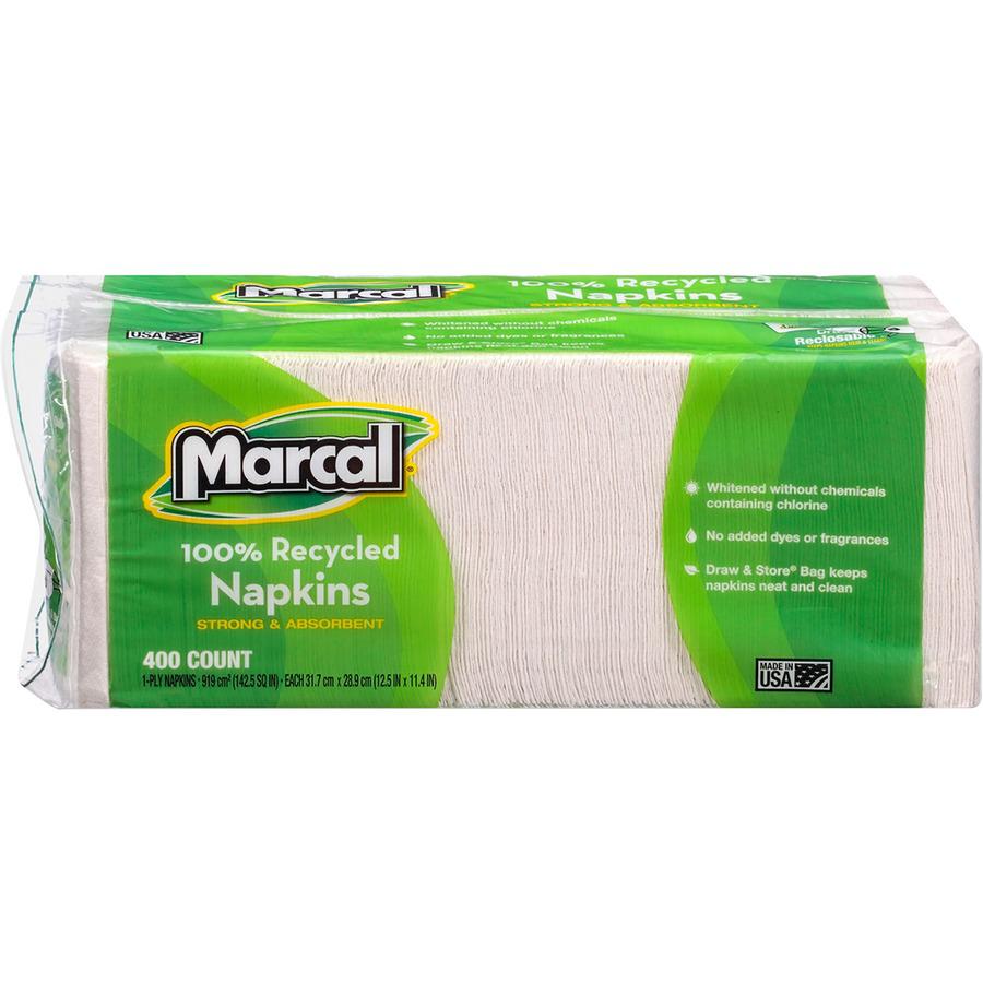 Marcal 100% Recycled Luncheon Napkins - 1 Ply - 12.50" x 11.40" - White - Paper - 400 Per Pack - 6 / Carton. Picture 2