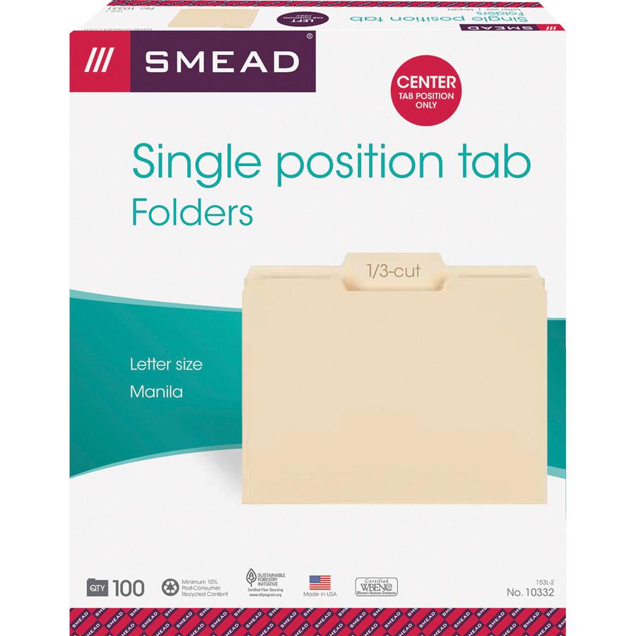 Smead 1/3 Tab Cut Letter Recycled Top Tab File Folder - 8 1/2" x 11" - 3/4" Expansion - Top Tab Location - Center Tab Position - Manila - Manila - 10% Recycled - 100 / Box. Picture 7