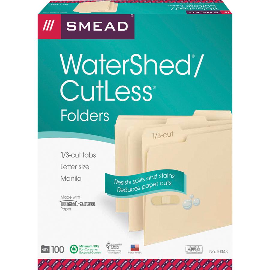 Smead WaterShed/CutLess 1/3 Tab Cut Letter Recycled Top Tab File Folder - 8 1/2" x 11" - 3/4" Expansion - Top Tab Location - Assorted Position Tab Position - Manila - Manila - 30% Recycled - 100 / Box. Picture 7