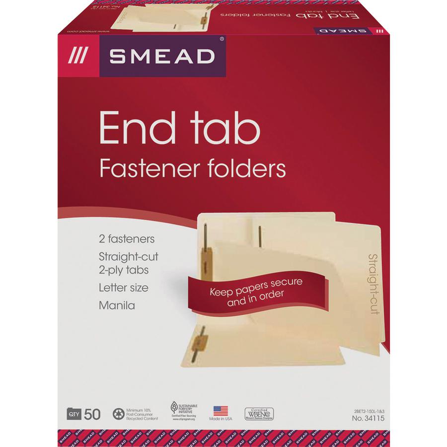 Smead Straight Tab Cut Letter Recycled Fastener Folder - 8 1/2" x 11" - 3/4" Expansion - 2 x 2B Fastener(s) - 2" Fastener Capacity for Folder - End Tab Location - Manila - Manila - 10% Recycled - 50 /. Picture 2