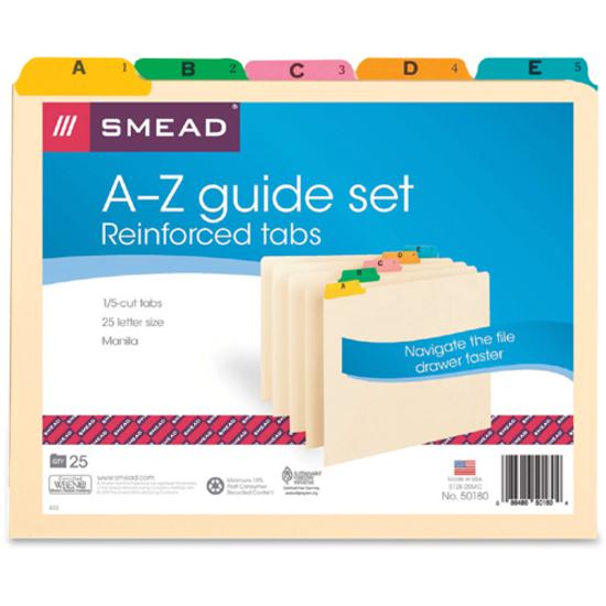 Smead Filing Guides with Alphabetic Indexing - 25 Printed Assorted Tab(s) - Character - A-Z - 25 Tab(s)/Set - Letter - Yellow Manila, Green, Pink, Salmon, Blue Tab(s) - 25 / Set. Picture 2