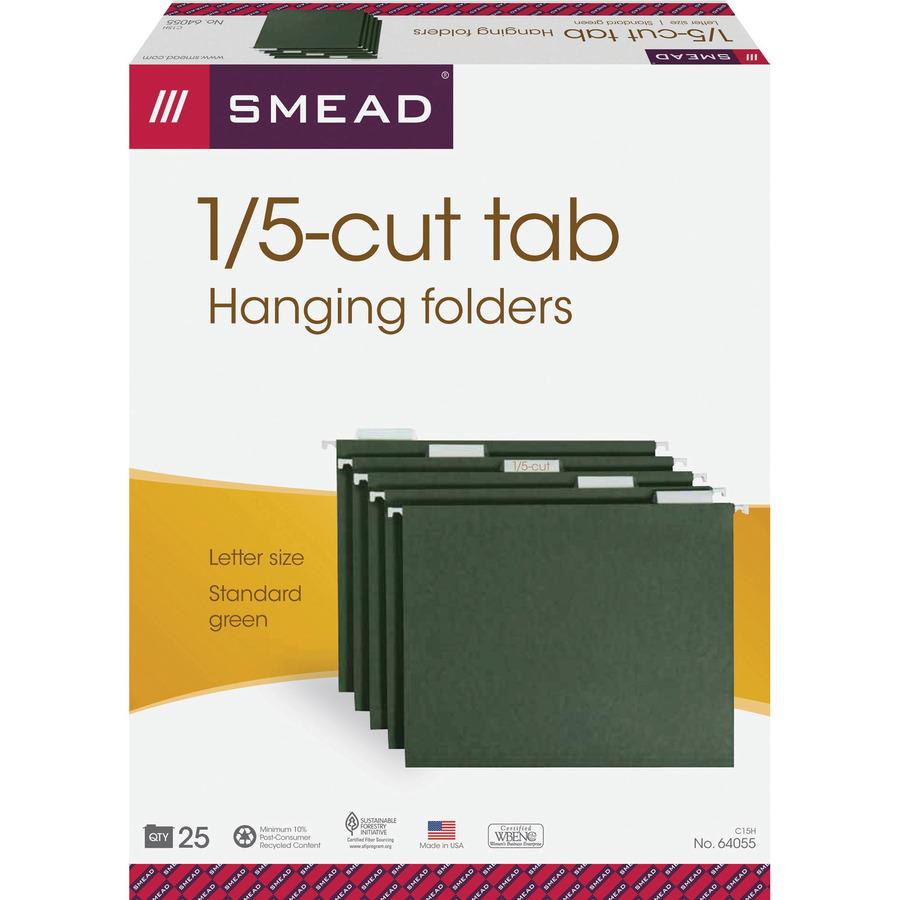 Smead 1/5 Tab Cut Letter Recycled Hanging Folder - 8 1/2" x 11" - Top Tab Location - Assorted Position Tab Position - Standard Green - 10% Recycled - 25 / Box. Picture 6