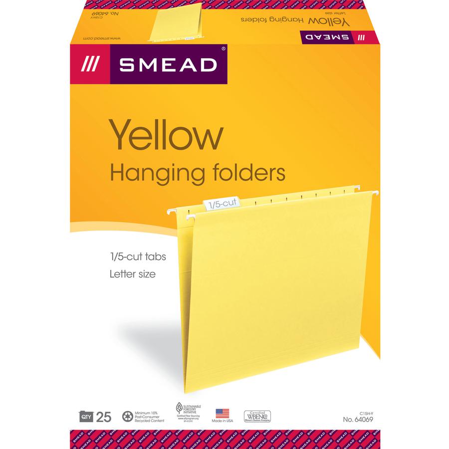 Smead Colored 1/5 Tab Cut Letter Recycled Hanging Folder - 8 1/2" x 11" - Top Tab Location - Assorted Position Tab Position - Vinyl - Yellow - 10% Recycled - 25 / Box. Picture 9