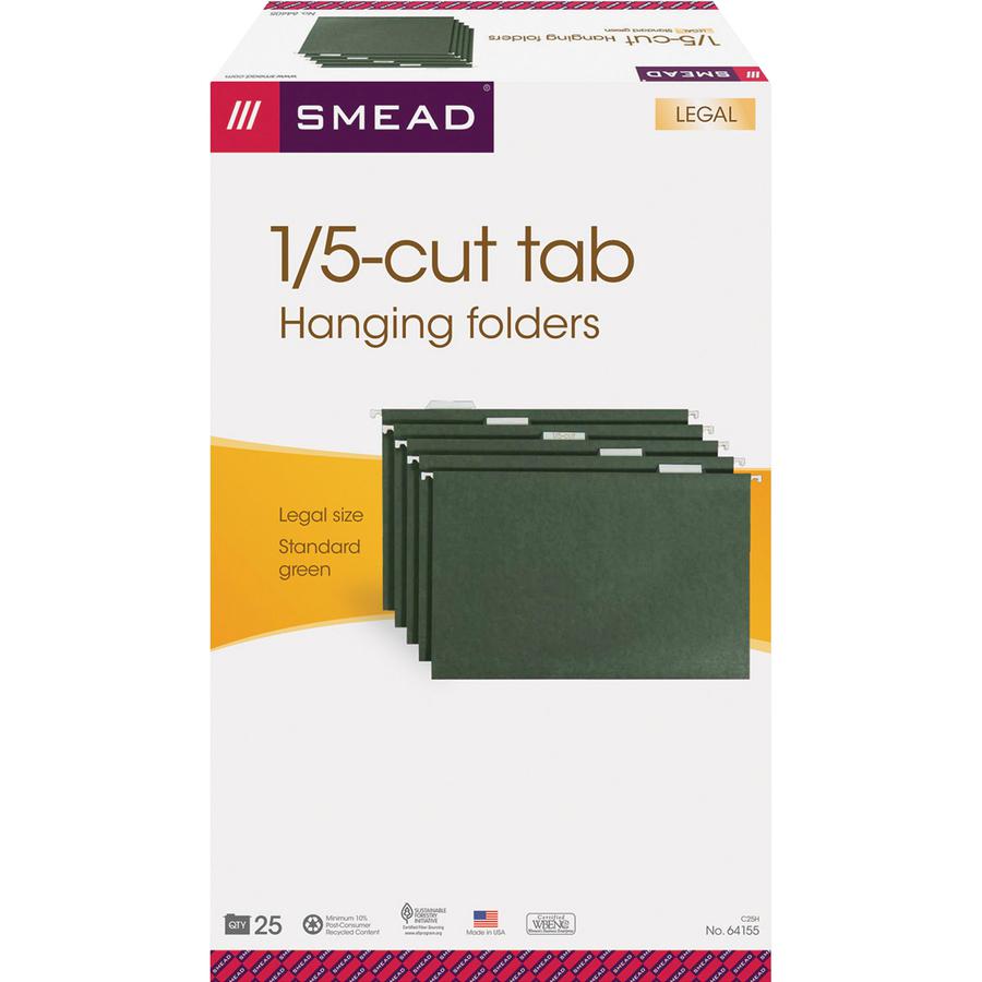 Smead 1/5 Tab Cut Legal Recycled Hanging Folder - 8 1/2" x 14" - Top Tab Location - Assorted Position Tab Position - Standard Green - 10% Recycled - 25 / Box. Picture 2