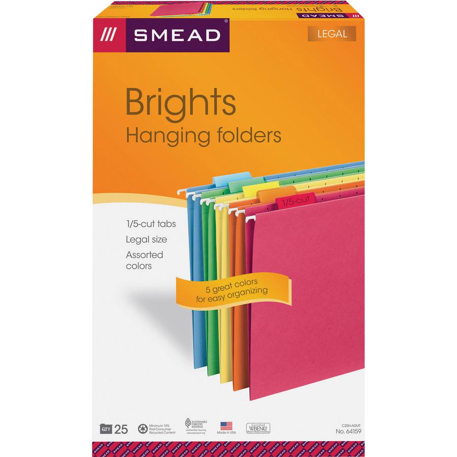 Smead 1/5 Tab Cut Legal Recycled Hanging Folder - 8 1/2" x 14" - Top Tab Location - Assorted Position Tab Position - Blue, Green, Orange, Red, Yellow - 10% Recycled - 25 / Box. Picture 4