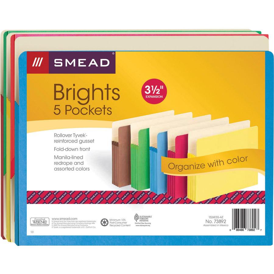 Smead Straight Tab Cut Letter Recycled File Pocket - 8 1/2" x 11" - 800 Sheet Capacity - 3 1/2" Expansion - Card Stock - Yellow, Green, Red, Blue, Redrope - 10% Recycled - 5 / Pack. Picture 9