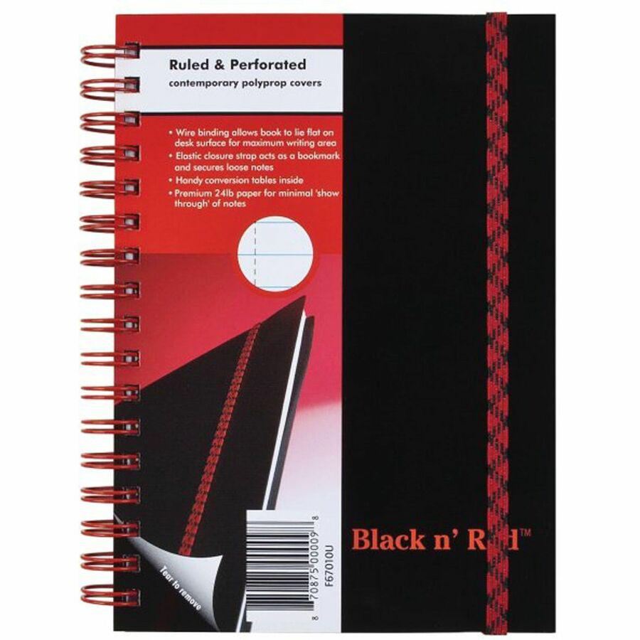 Black n' Red Business Notebook - 70 Sheets - Double Wire Spiral - 24 lb Basis Weight - A6 - 4 1/8" x 5 7/8" - White Paper - Red Binding - BlackPolypropylene Cover - Perforated, Wipe-clean Cover, Strap. Picture 5