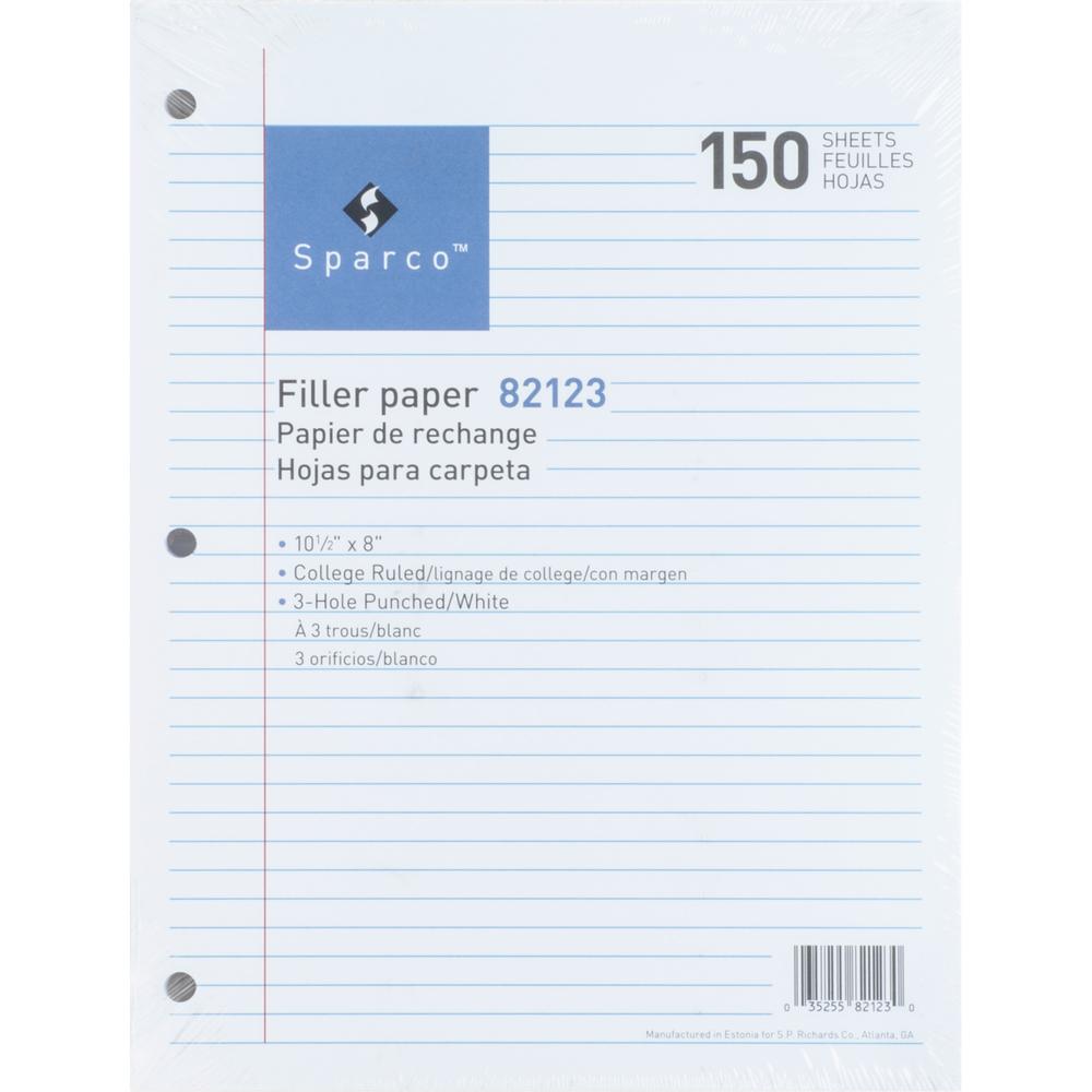 Sparco Standard White 3HP Filler Paper - 150 Sheets - College Ruled - Ruled Red Margin - 16 lb Basis Weight - 8" x 10 1/2" - White Paper - Bleed-free - 150 / Pack. Picture 3