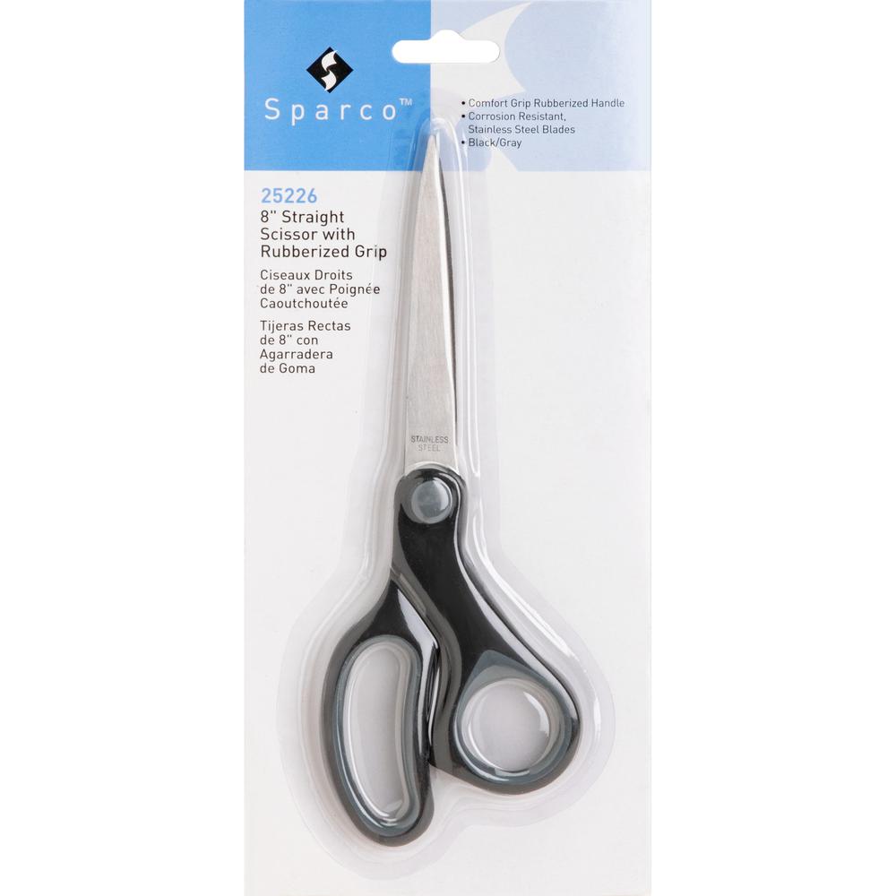 Sparco Straight Rubber Handle Scissors - 8" Overall Length - Straight - Stainless Steel - Black, Gray - 1 Each. Picture 7