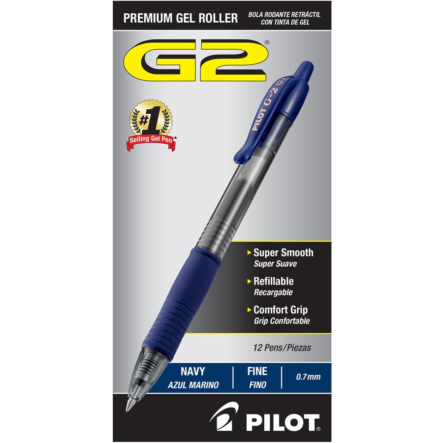 Pilot G2 Retractable Gel Ink Rollerball Pens - Fine Pen Point - 0.7 mm Pen Point Size - Refillable - Retractable - Navy Blue Gel-based Ink - Clear Barrel - 1 Dozen. Picture 3