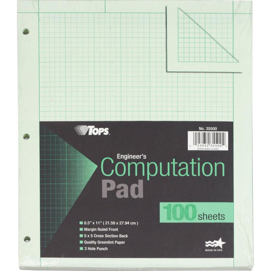 TOPS Engineering Computation Pad - 100 Sheets - Stapled/Glued - Back Ruling Surface - Ruled Margin - 15 lb Basis Weight - Letter - 8 1/2" x 11" - Green Paper - Punched - 1 / Pad. Picture 3