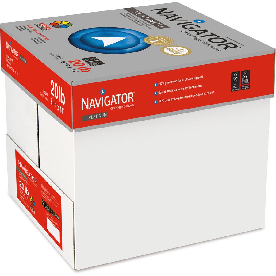 Navigator Platinum Office Multipurpose Paper - 99 Brightness - Legal - 8 1/2" x 14" - 20 lb Basis Weight - Smooth - 5000 / Carton - Chlorine-free - Bright White. Picture 2