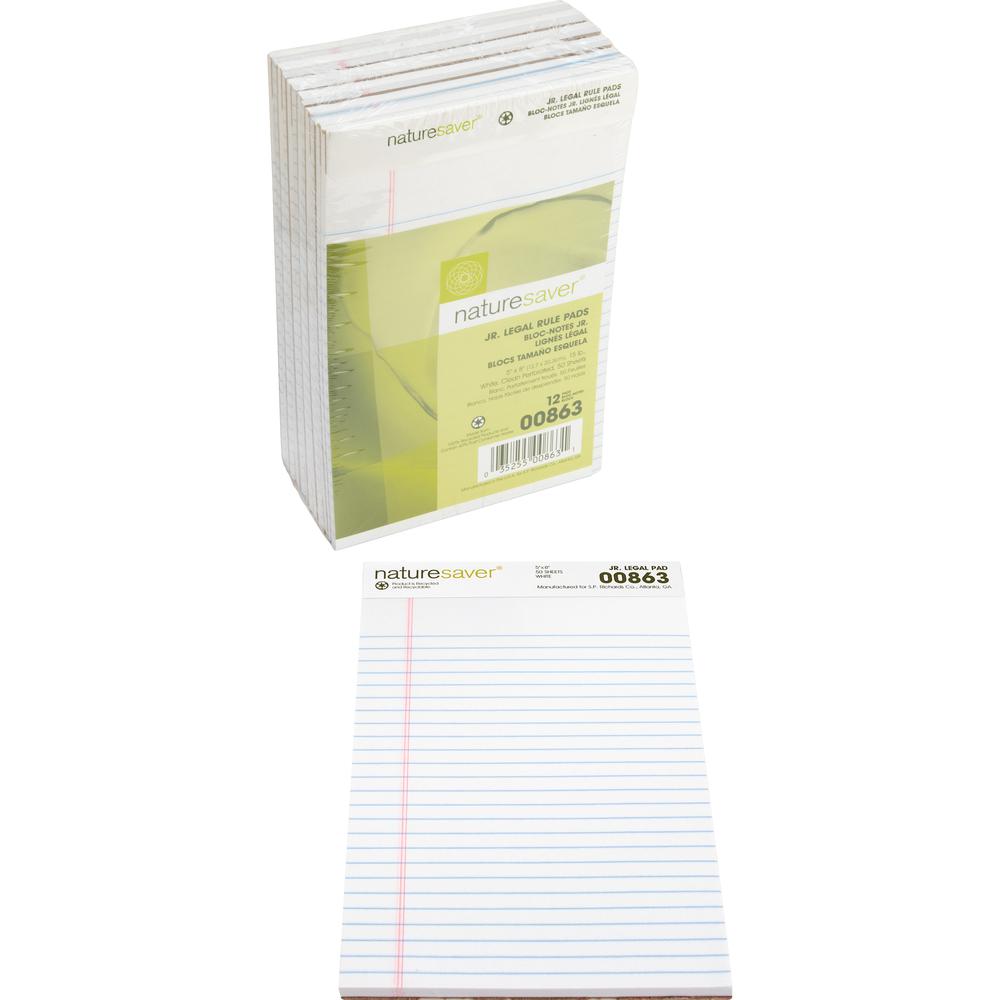 Nature Saver 100% Recycled White Jr. Rule Legal Pads - Jr.Legal - 50 Sheets - 0.28" Ruled - 15 lb Basis Weight - Jr.Legal - 5" x 8" - White Paper - Perforated, Back Board - Recycled - 1 Dozen. Picture 4