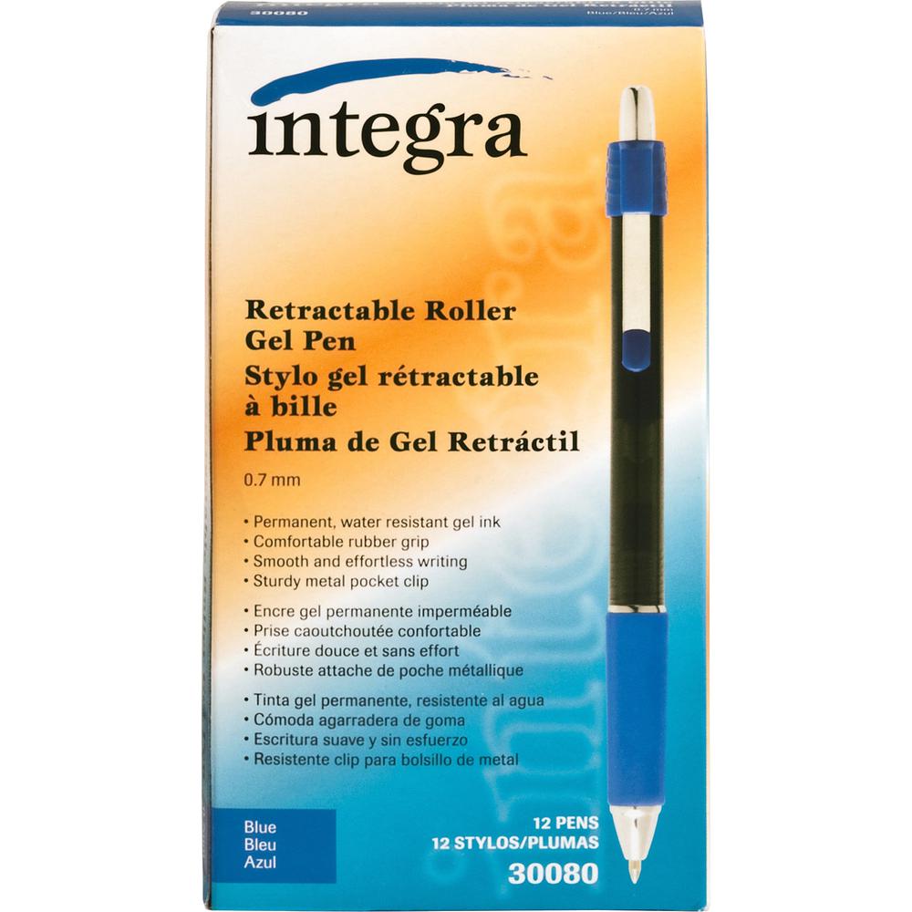 Integra Retractable Roller Gel Pen with Metal Clip - 0.7 mm Pen Point Size - Retractable - Blue Gel-based Ink - Blue Barrel - 1 Dozen. Picture 2