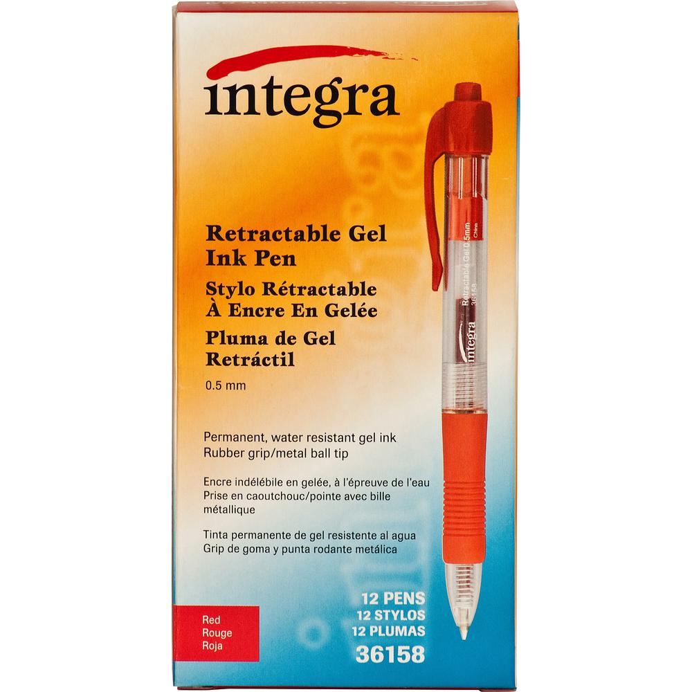 Integra Retractable 0.5mm Gel Pens - Fine Pen Point - 0.5 mm Pen Point Size - Retractable - Red - Red Barrel - Metal Tip - 1 Dozen. Picture 5