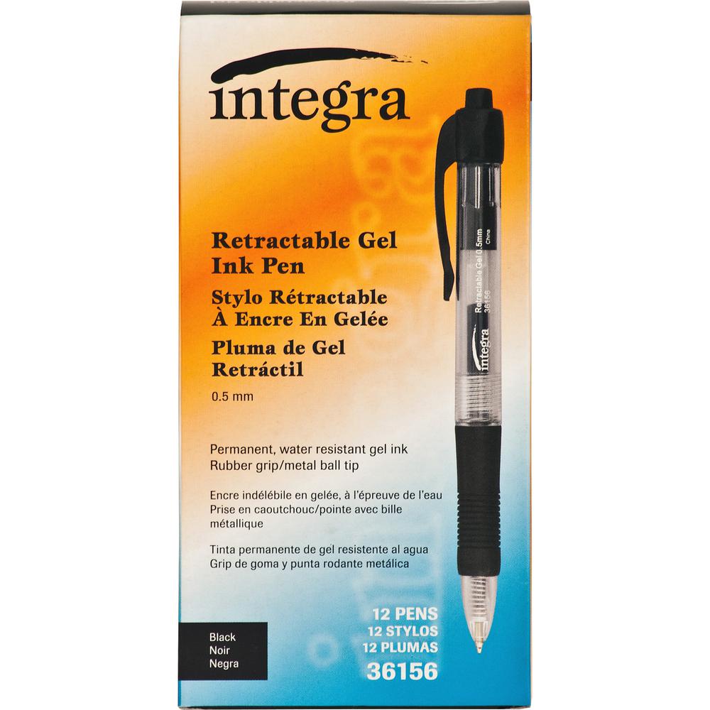 Integra Retractable 0.5mm Gel Pens - Fine Pen Point - 0.5 mm Pen Point Size - Retractable - Black Gel-based Ink - Black Barrel - Metal Tip - 1 Dozen. Picture 2