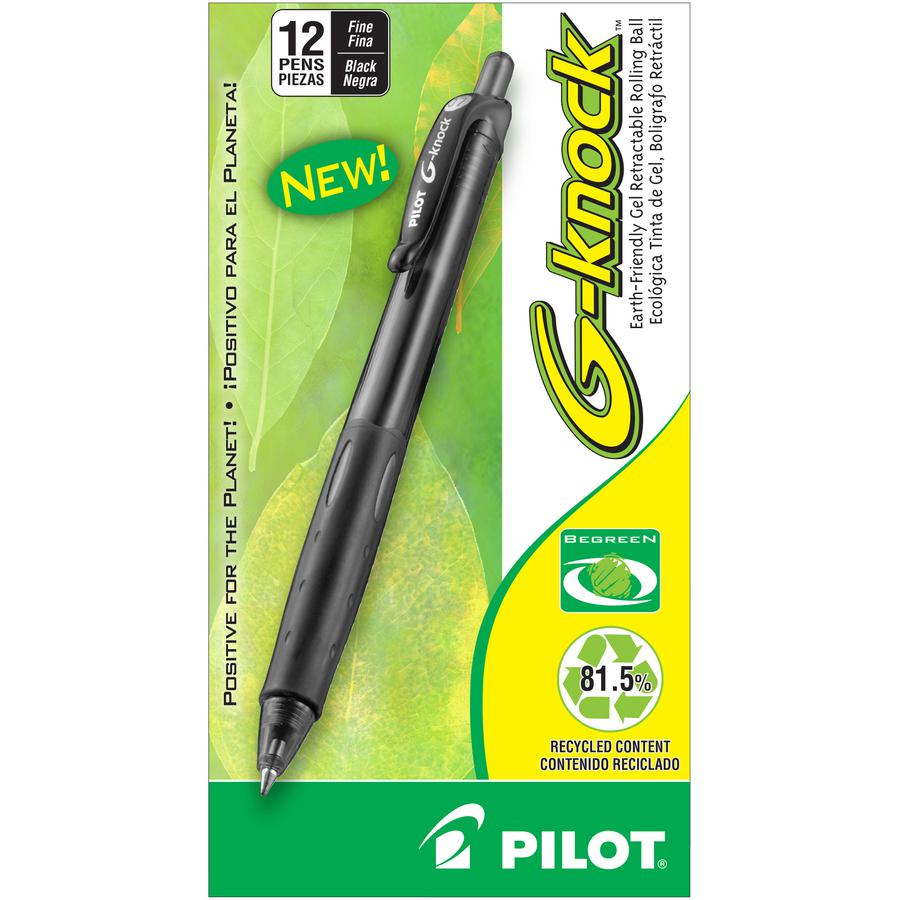 Pilot BeGreen G-Knock Retractable Gel Ink Pens - Fine Pen Point - 0.7 mm Pen Point Size - Refillable - Retractable - Black Gel-based Ink - Black Barrel - 1 Dozen. Picture 2