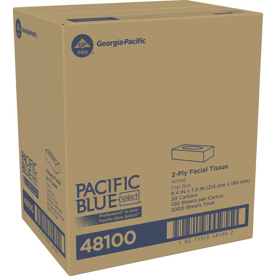 Pacific Blue Select Facial Tissue by GP Pro - Flat Box - 2 Ply - 8.33" x 8" - White - Paper - 100 Per Box - 30 / Carton. Picture 2