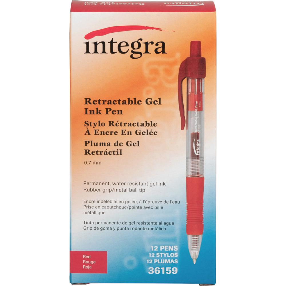Integra Retractable 0.7mm Gel Pens - Medium Pen Point - 0.7 mm Pen Point Size - Retractable - Red Gel-based Ink - Red Barrel - Metal Tip - 1 Dozen. Picture 3