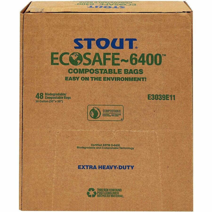 Stout EcoSafe Trash Bags - 30 gal Capacity - 30" Width x 39" Length - 1.10 mil (28 Micron) Thickness - Green - Plastic - 48/Carton. Picture 11
