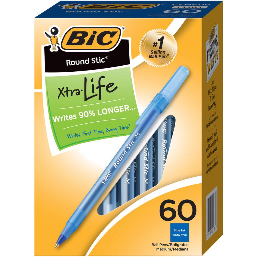 BIC Round Stic Ballpoint Pens - Medium Pen Point - Blue - Blue Barrel - 60 / Box. Picture 4