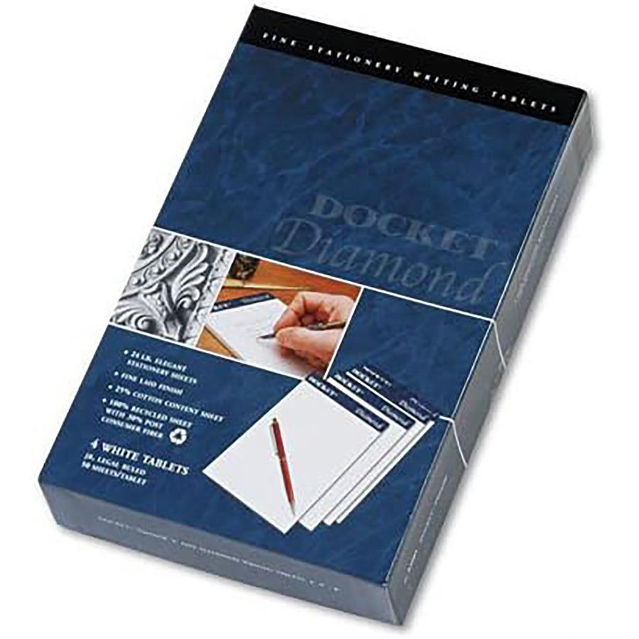 TOPS Docket Diamond Writing Tablet - Jr.Legal - 50 Sheets - Double Stitched - 24 lb Basis Weight - Jr.Legal - 5" x 8" - 8" x 5" - White Paper - Perforated, Rigid, Acid-free - 4 / Box. Picture 2