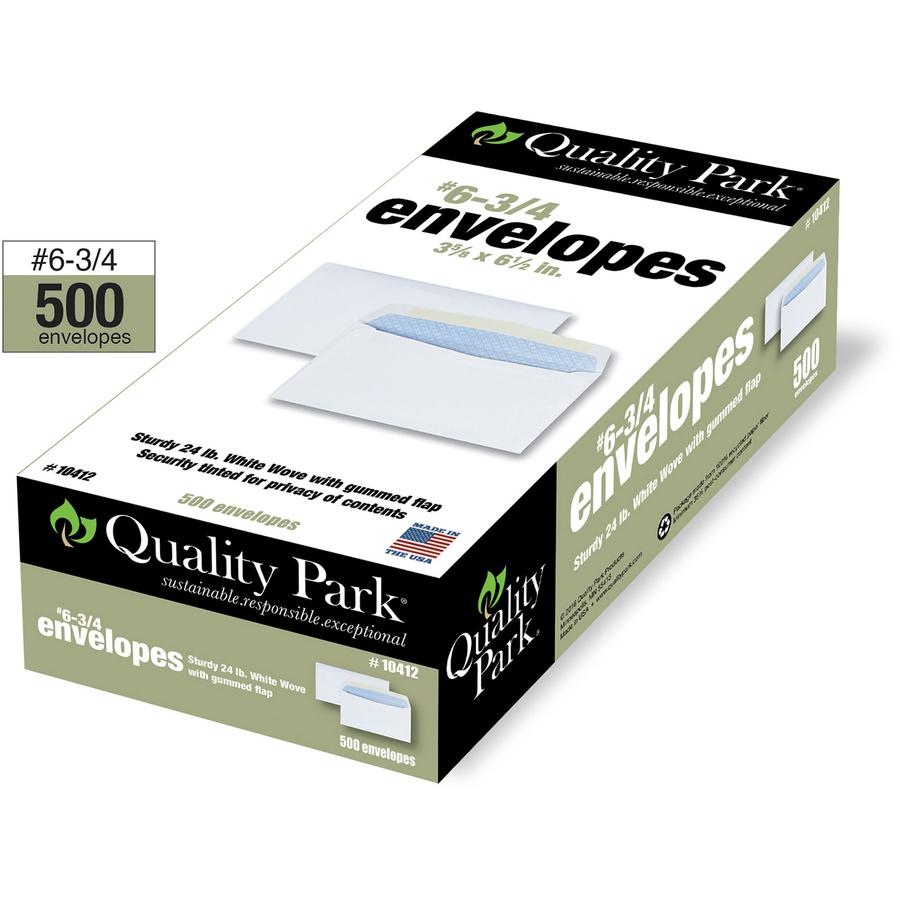 Quality Park No. 6-3/4 Security Tinted Envelopes with Gummed Closure - Security - #6 3/4 - 3 5/8" Width x 6 1/2" Length - 24 lb - Wove - 500 / Box - White. Picture 6