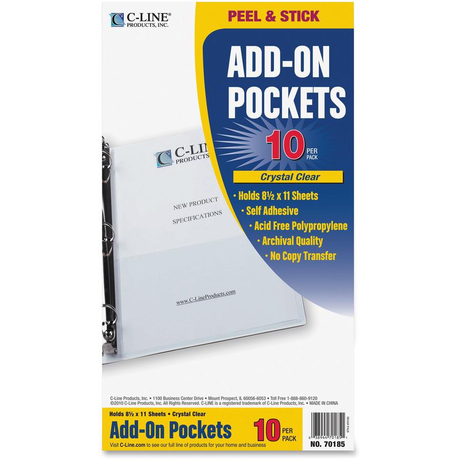 C-Line Self-Adhesive Add-On Poly Filing Pocket - Clear, Peel & Stick, 8-3/4 x 5-1/8, 10/PK, 70185. Picture 5
