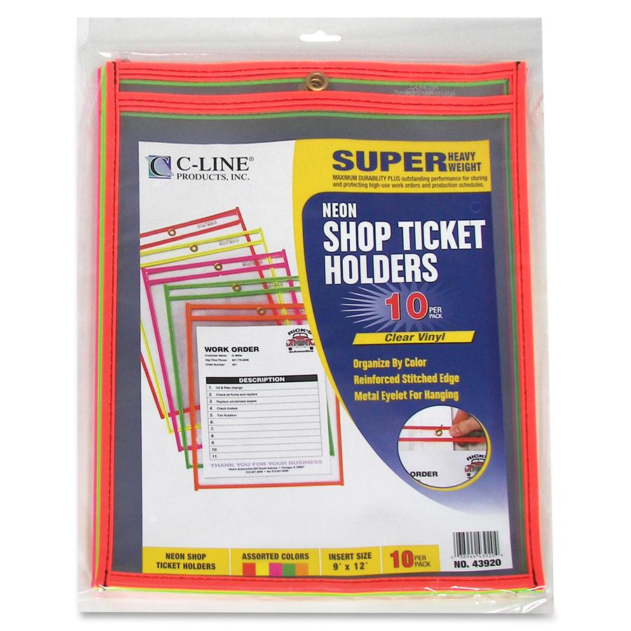 C-Line Neon Shop Ticket Holders, Stitched - Assorted, 5 Colors, Both Sides Clear, 9 x 12, 10/PK, 43920. Picture 4