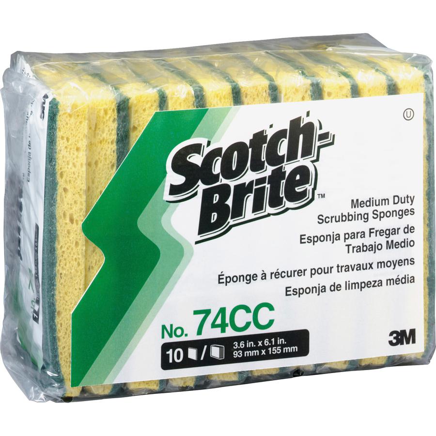 Scotch-Brite Medium-Duty Scrub Sponges - 3.5" Height x 6.3" Width x 6.1" Length x 700 mil Thickness - 10/Pack - Cellulose, Synthetic Fiber - Yellow, Green. Picture 6