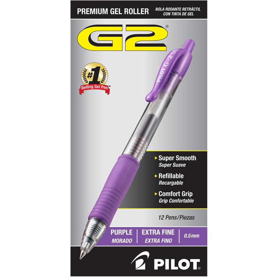Pilot G2 Gel Ink Rolling Ball Pen - Extra Fine Pen Point - 0.5 mm Pen Point Size - Refillable - Retractable - Purple Gel-based Ink - Clear Barrel - 1 Dozen. Picture 2