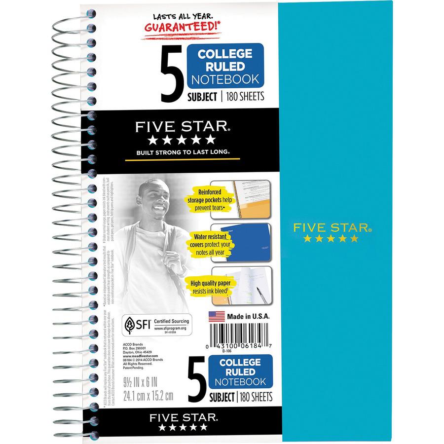 Five Star 5-Subject Notebook - Wire Bound - College Ruled - 6" x 9 1/2" - White Paper - Plastic Cover - Pocket Divider, Perforated, Subject - 1 Each. Picture 2