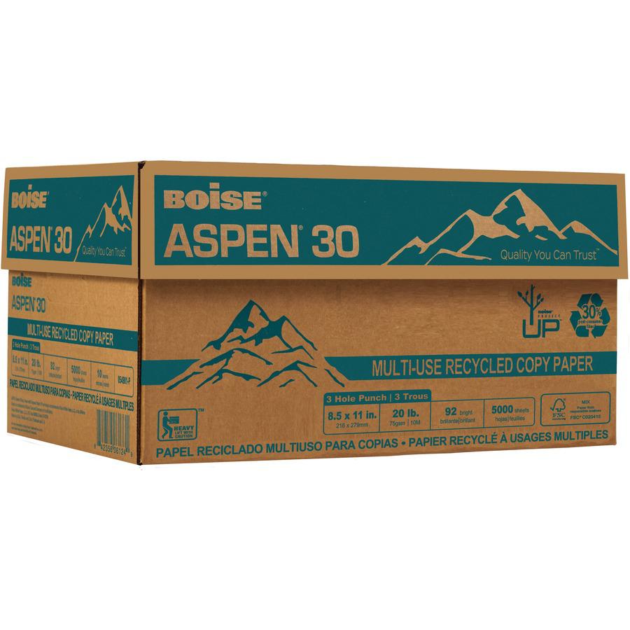 BOISE ASPEN 30% Recycled Multi-Use Copy Paper, 8.5" x 11" Letter, 3 Hole Punch, 92 Bright White, 20 lb., 10 Ream Carton (5,000 Sheets) - BOISE ASPEN 30% Recycled Multi-Use Copy Paper - Letter - 8 1/2". Picture 4