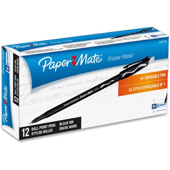 Paper Mate Erasermate Ballpoint Pens - Medium Pen Point - Retractable - Black - Black Barrel - 1 Dozen. Picture 3