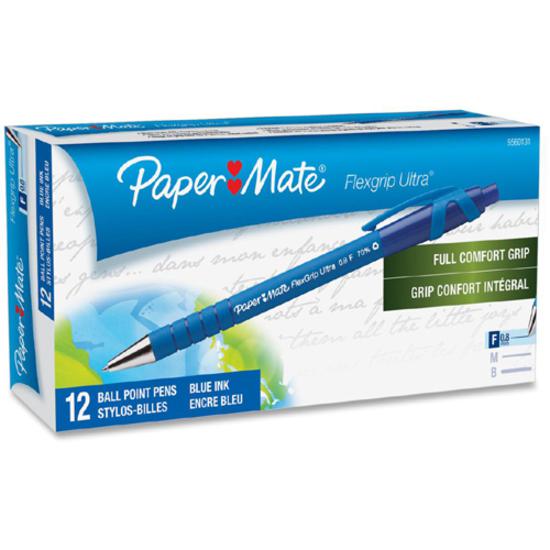 Paper Mate Flexgrip Ultra Retractable Pens - Fine Pen Point - Refillable - Retractable - Blue Alcohol Based Ink - Rubber Barrel - 12 / Box. Picture 2