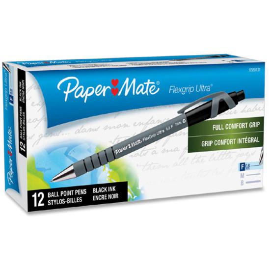 Paper Mate Flexgrip Ultra Retractable Pens - Fine Pen Point - Refillable - Retractable - Black Alcohol Based Ink - Rubber Barrel - 1 Dozen. Picture 3