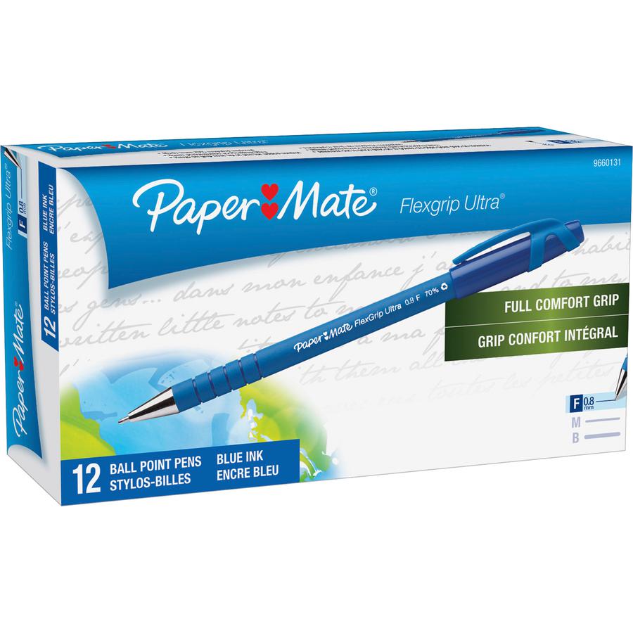Paper Mate Flexgrip Ultra Recycled Pens - Fine Pen Point - Blue - Blue Rubber Barrel - 1 / Box. Picture 9