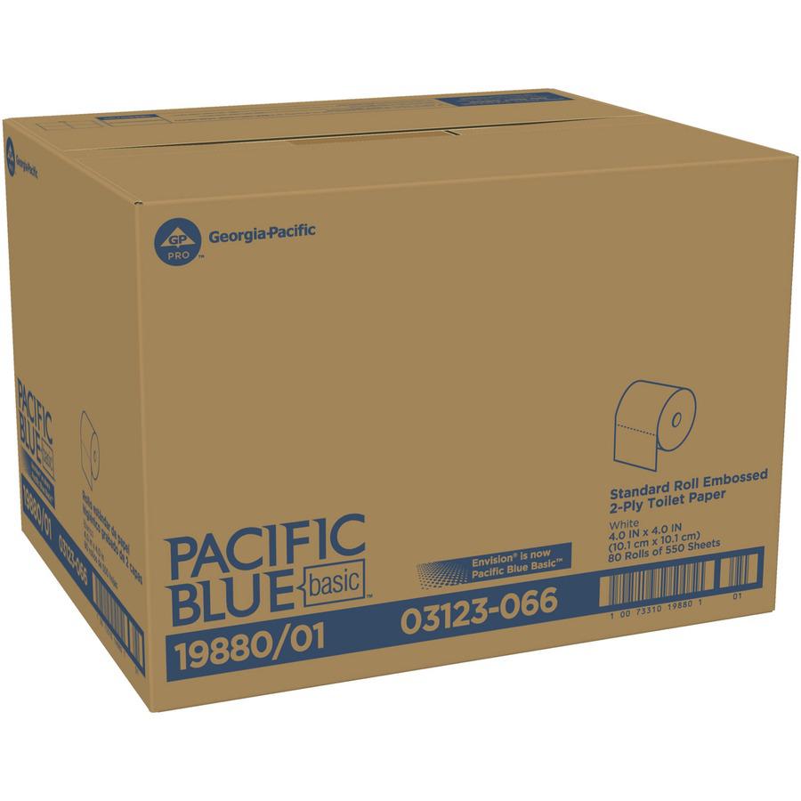 Pacific Blue Basic Standard Roll Embossed Toilet Paper - 2 Ply - 4.05" x 4" - 550 Sheets/Roll - White - Soft, Durable, Absorbent - For Office Building, Healthcare - 80 / Carton. Picture 3