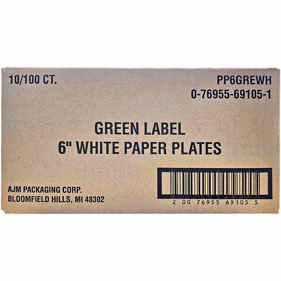 AJM 6" Green Label Economy Paper Plates - 100 / Bag - Microwave Safe - White - Paper Body - 10 / Carton. Picture 2