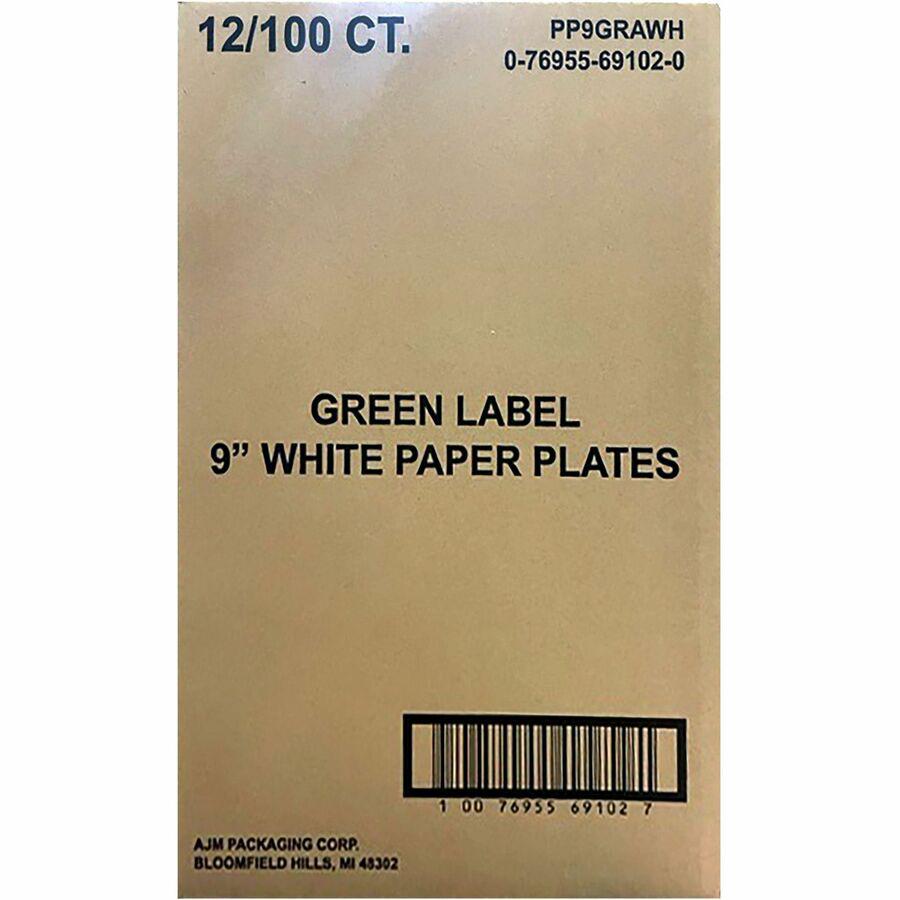 AJM Packaging Green Label Economy Paper Plates - 100 / Bag - 9" Diameter Plate - Paper - Microwave Safe - White - 1200 Piece(s) / Carton. Picture 4