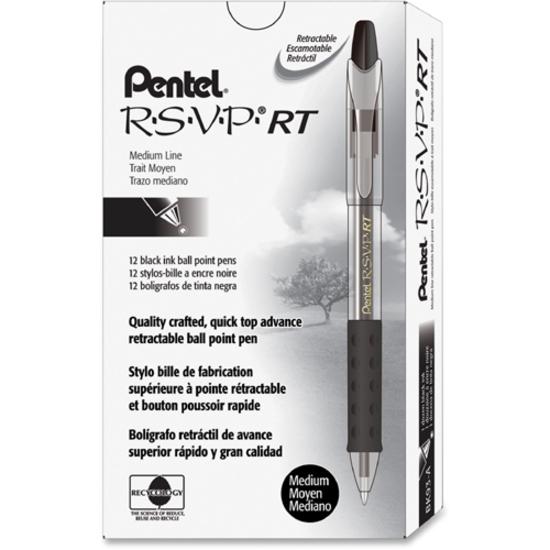 Pentel Recycled Retractable R.S.V.P. Pens - Medium Pen Point - 1 mm Pen Point Size - Refillable - Retractable - Black - Clear Barrel - Stainless Steel Tip - 1 Dozen. Picture 2