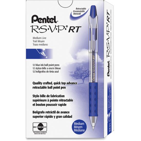 Pentel Recycled Retractable R.S.V.P. Pens - Medium Pen Point - 1 mm Pen Point Size - Refillable - Retractable - Blue - Clear Barrel - Stainless Steel Tip - 1 Dozen. Picture 3
