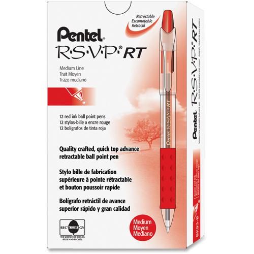 Pentel Recycled Retractable R.S.V.P. Pens - Medium Pen Point - 1 mm Pen Point Size - Refillable - Retractable - Red - Clear Barrel - Stainless Steel Tip - 1 Dozen. Picture 3