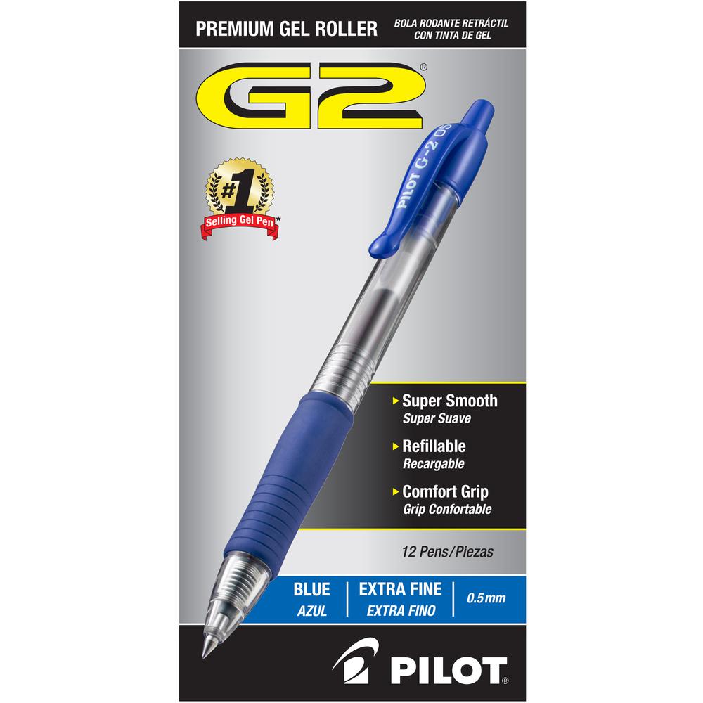 Pilot G2 Retractable XFine Gel Ink Rollerball Pens - Extra Fine Pen Point - 0.5 mm Pen Point Size - Refillable - Retractable - Blue Gel-based Ink - 1 Dozen. Picture 2