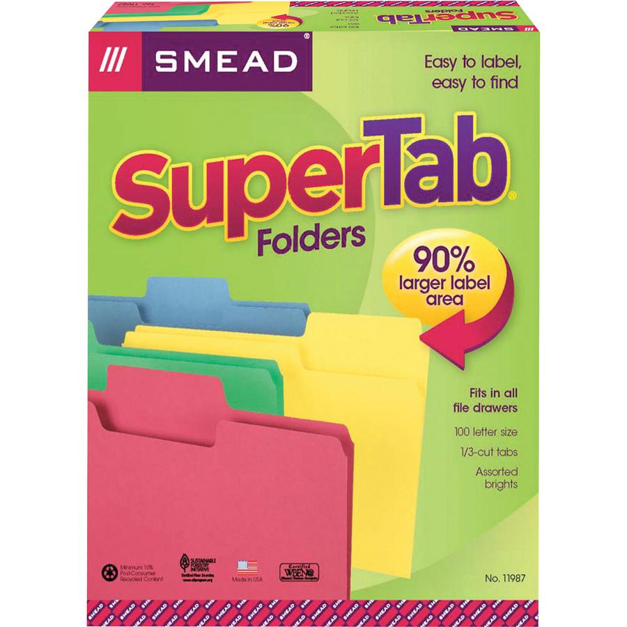 Smead SuperTab 1/3 Tab Cut Letter Recycled Top Tab File Folder - 8 1/2" x 11" - 3/4" Expansion - Top Tab Location - Assorted Position Tab Position - Blue, Green, Yellow, Red - 10% Recycled - 100 / Box. Picture 9
