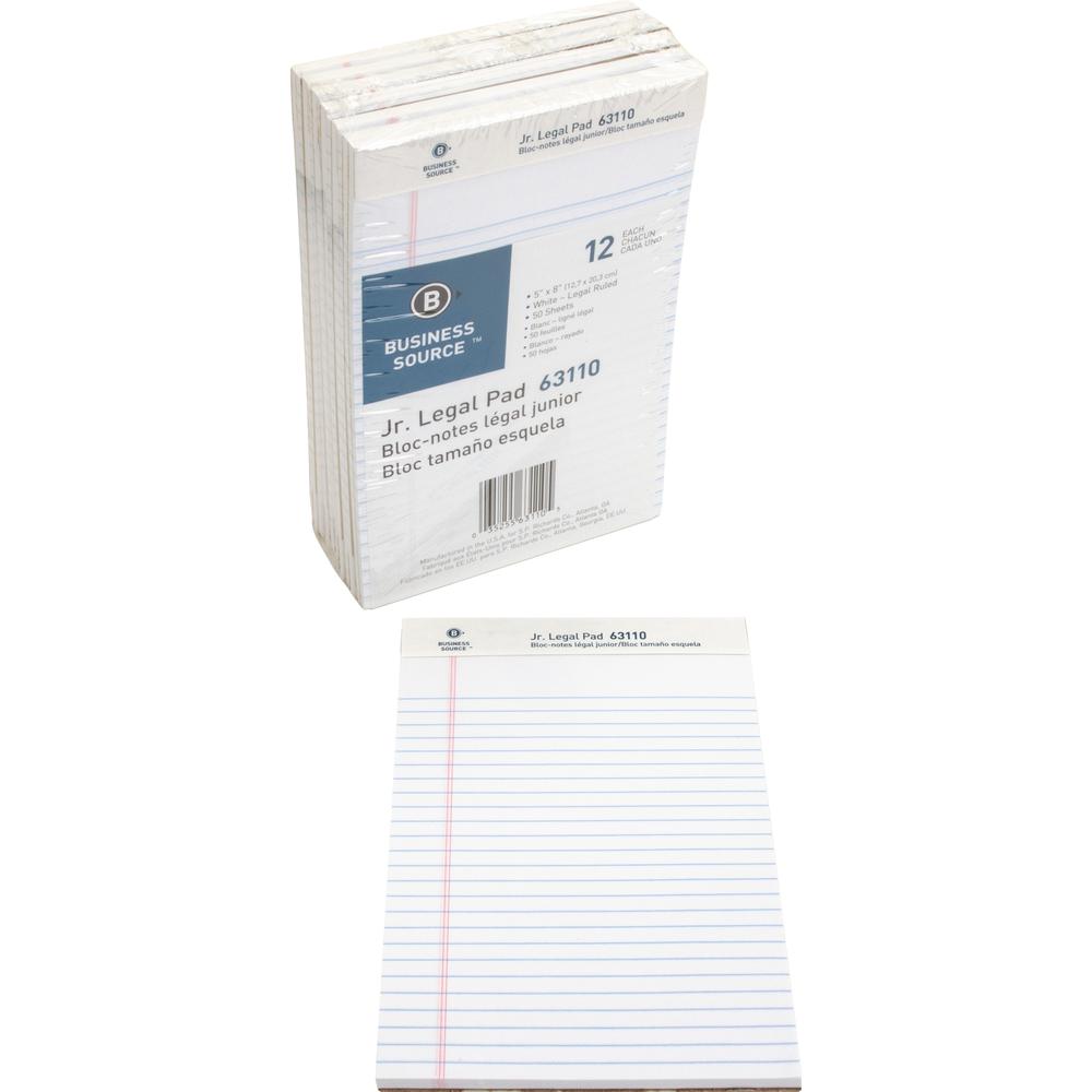 Business Source Micro - Perforated Legal Ruled Pads - Jr.Legal - 50 Sheets - 0.28" Ruled - 16 lb Basis Weight - 8" x 5" - White Paper - Micro Perforated, Easy Tear, Sturdy Back - 1 Dozen. Picture 3