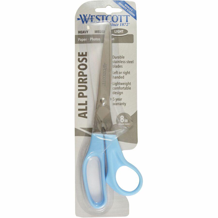 Westcott All Purpose 8" Stainless Steel Straight Scissors - 8" Overall Length - Straight-left/right - Stainless Steel - Pointed Tip - Blue - 1 Each. Picture 3